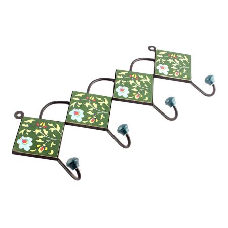 Forest Green And White Tiny Flower Ceramic Tiles Hooks